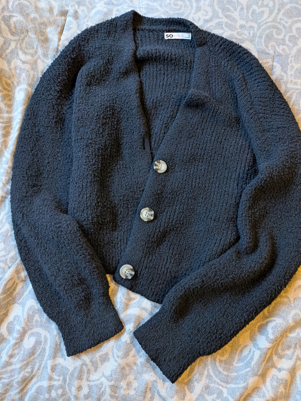 SO Black Bouclé Button-Front Women's Cardigan